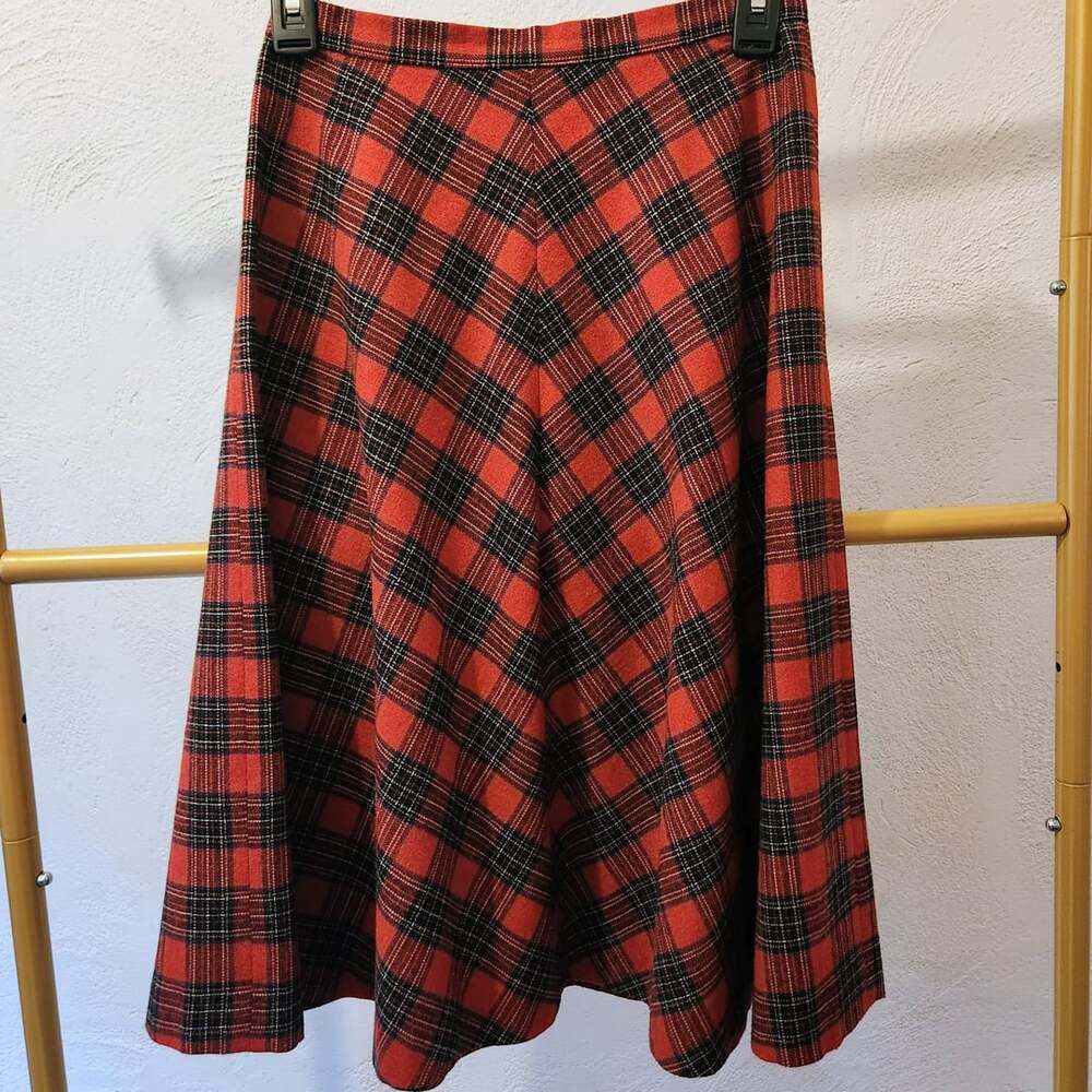 Bobbie Brooks Vintage Red Black Plaid Wool Blend Midi Skirt Size 7/8